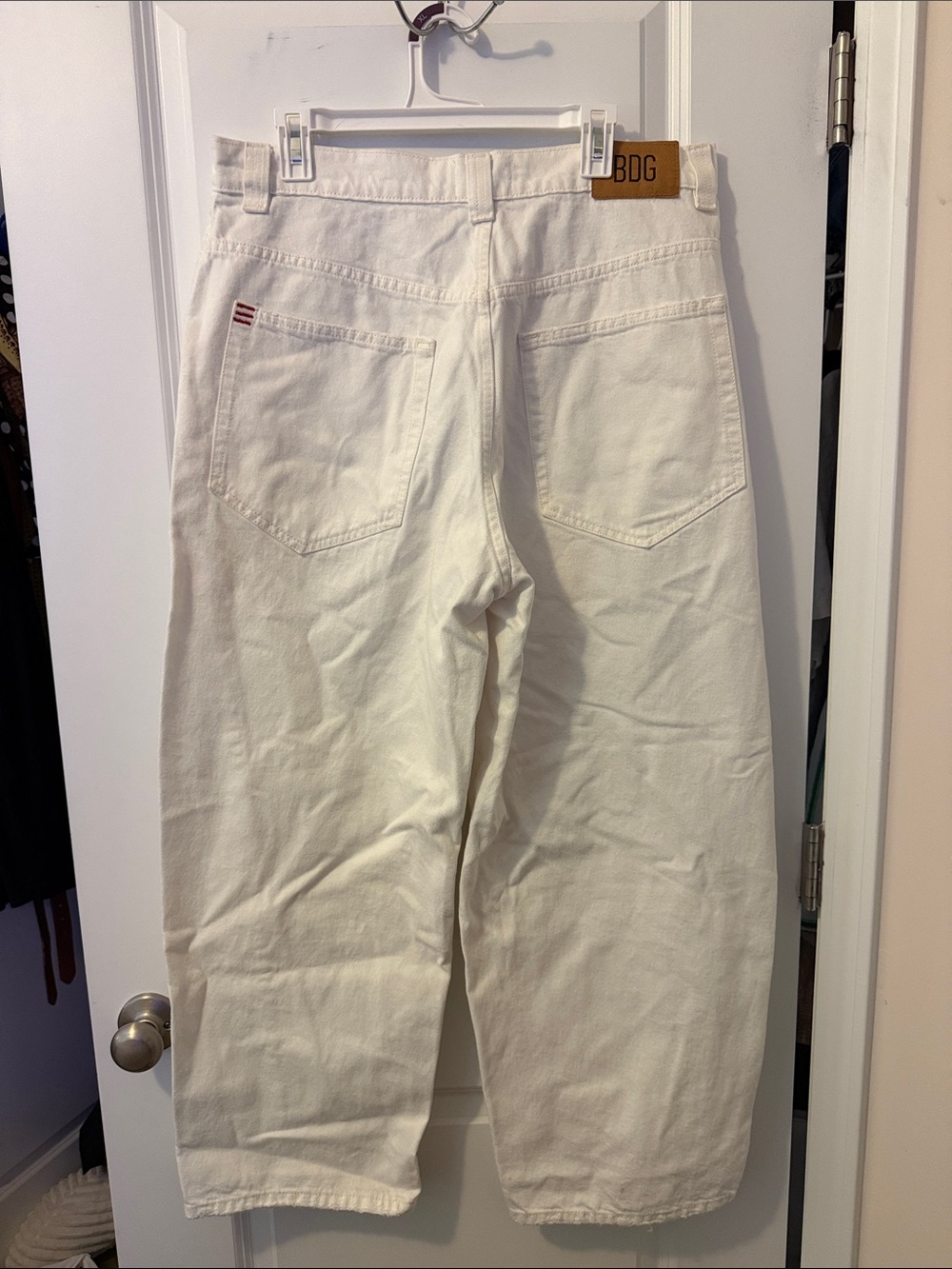 BDG White Wide-Leg Flare Jeans with Red Stitch Detail